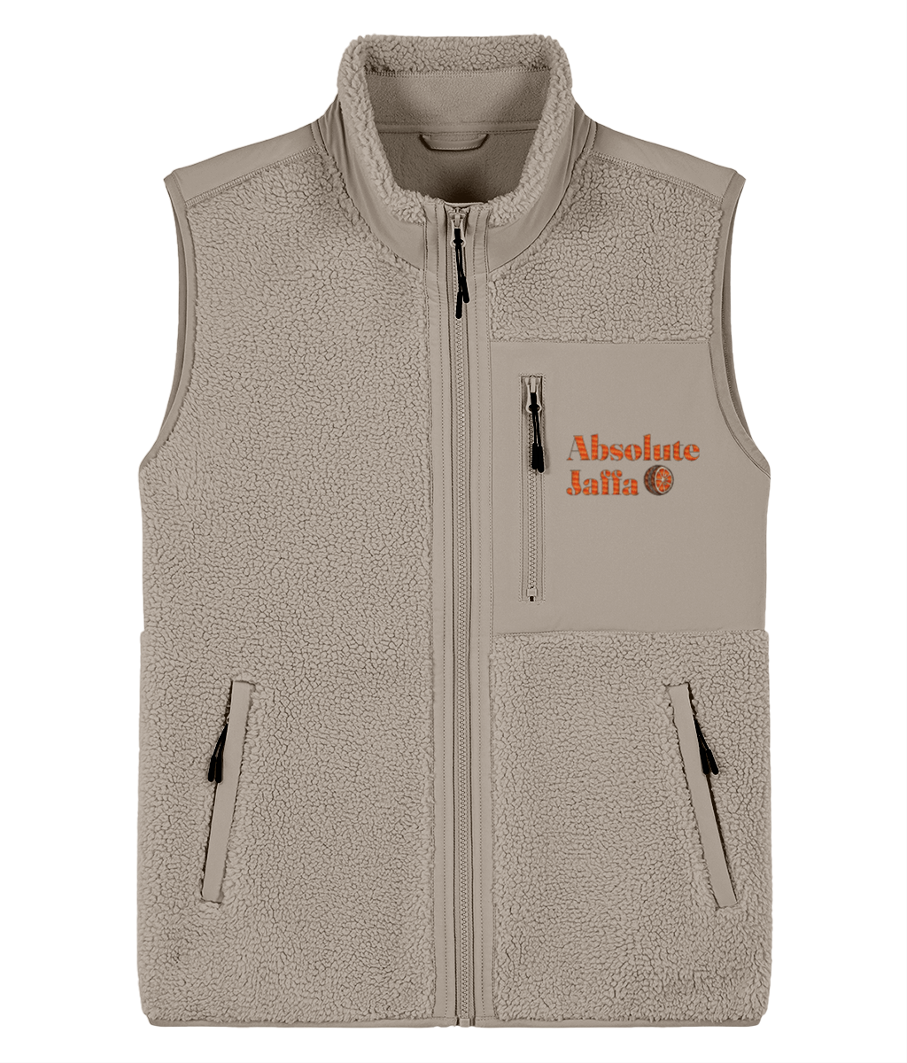 The Groundsman's Gilet, front view, desert dust sherpa with Absolute Jaffa crest on left chest