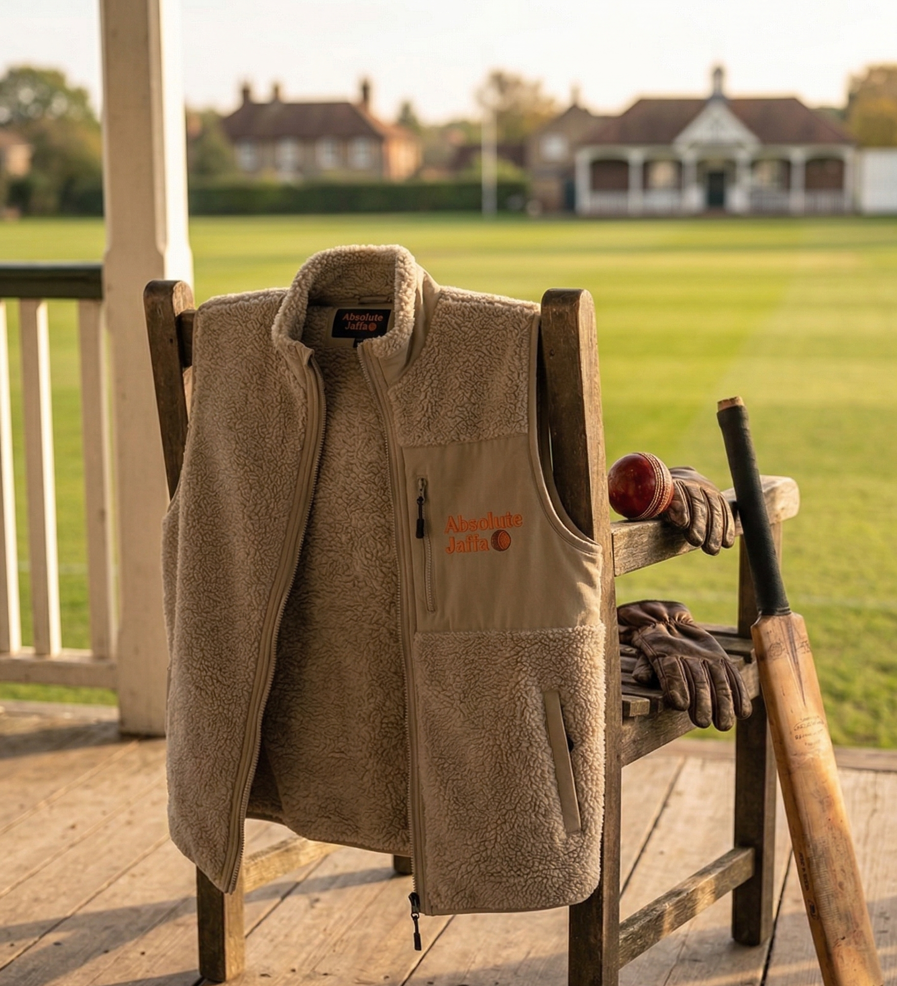 The Groundsman's Gilet in desert dust, draped over a pavilion chair with cricket bat and gloves