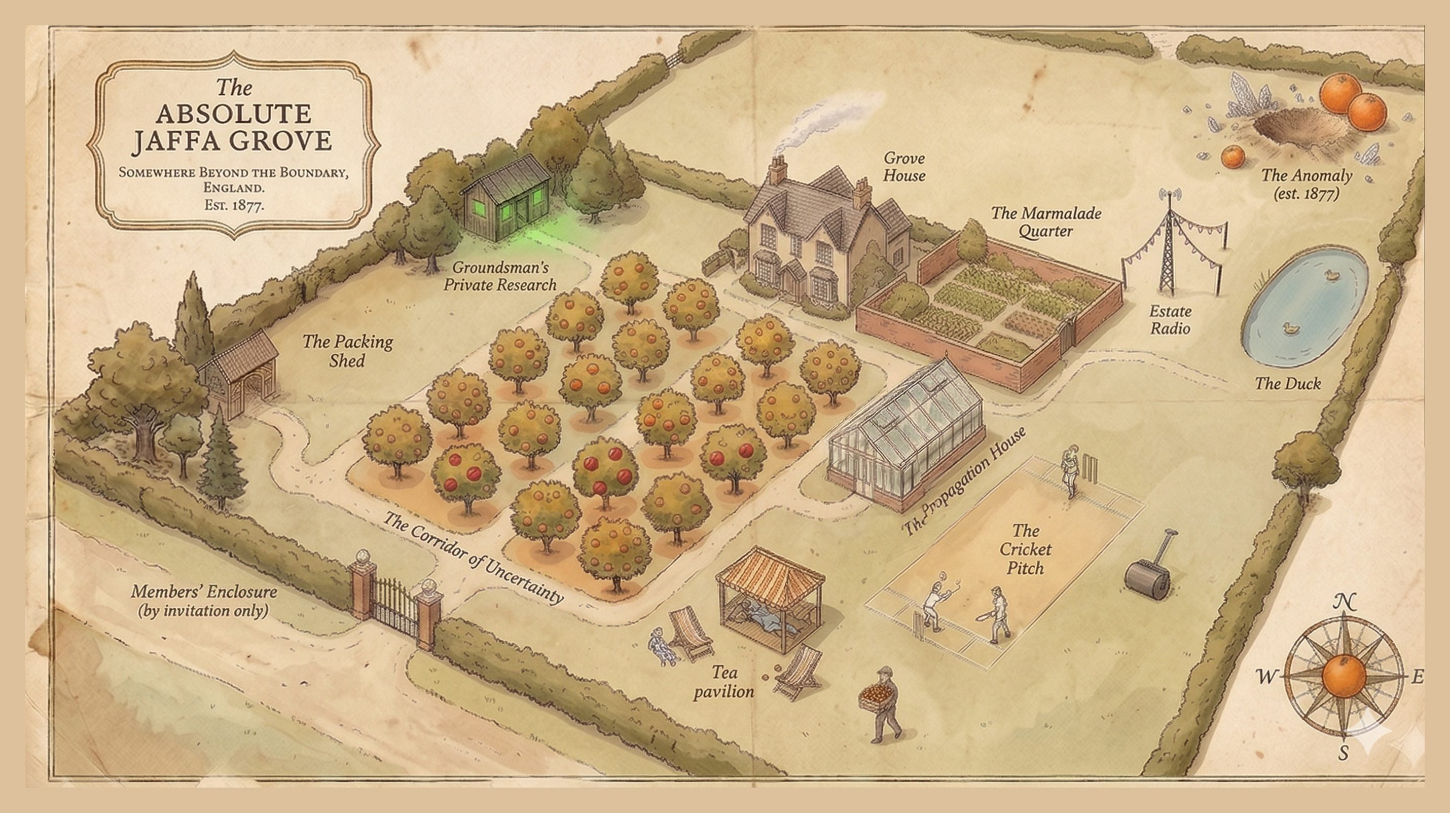 An illustrated watercolour map of the Absolute Jaffa Grove estate, showing the orange grove, cricket pitch, tea pavilion, Groundsman's shed, and other landmarks
